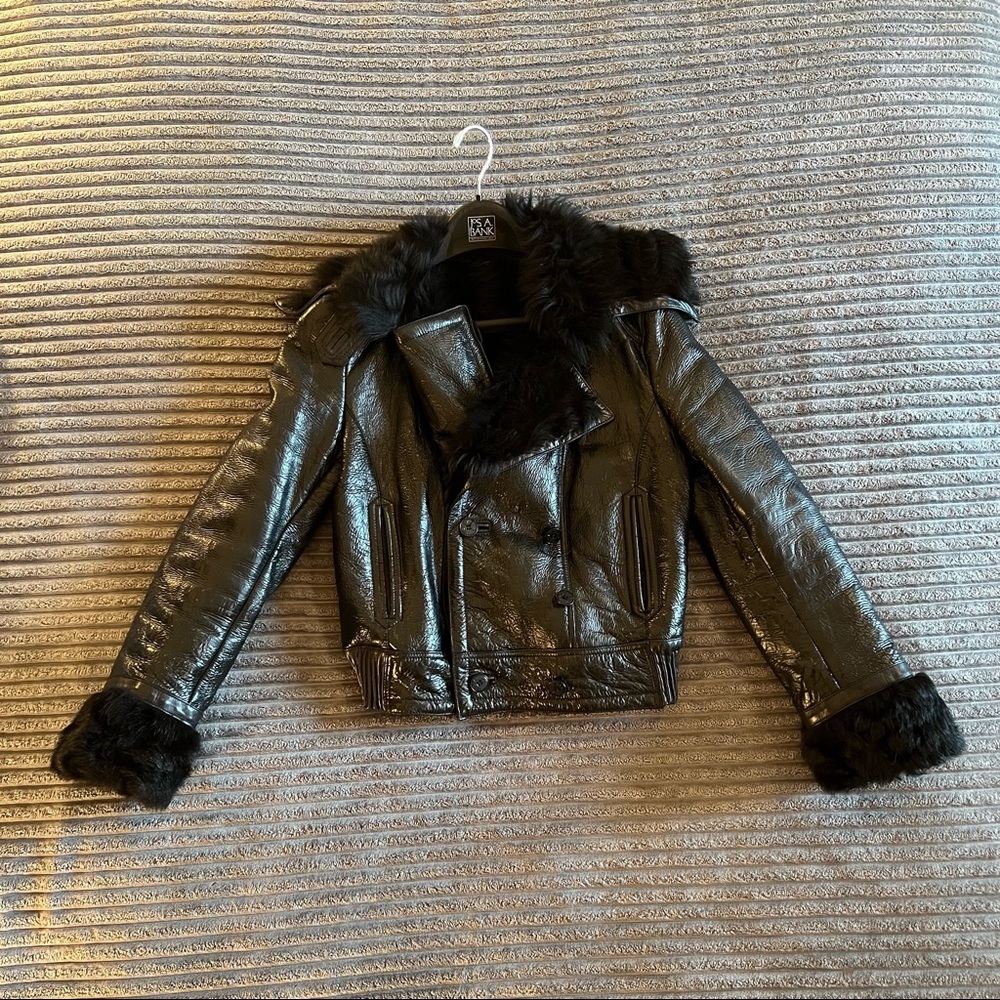 Double breasted shiny Leather bomber jacket lined in lamb fur & large collar